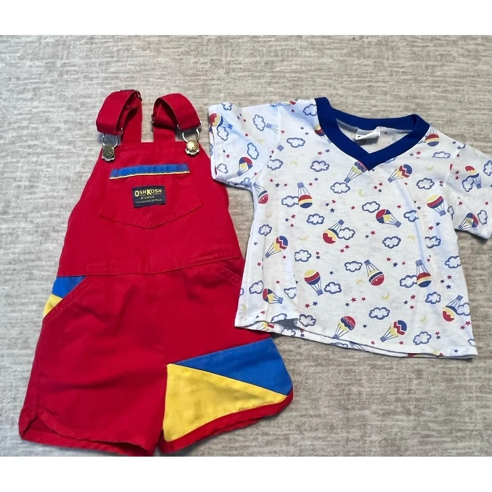 Vintage OshKosh Red‎ Shortalls Outfit Hot Air Balloon Tee Toddler USA Size 4